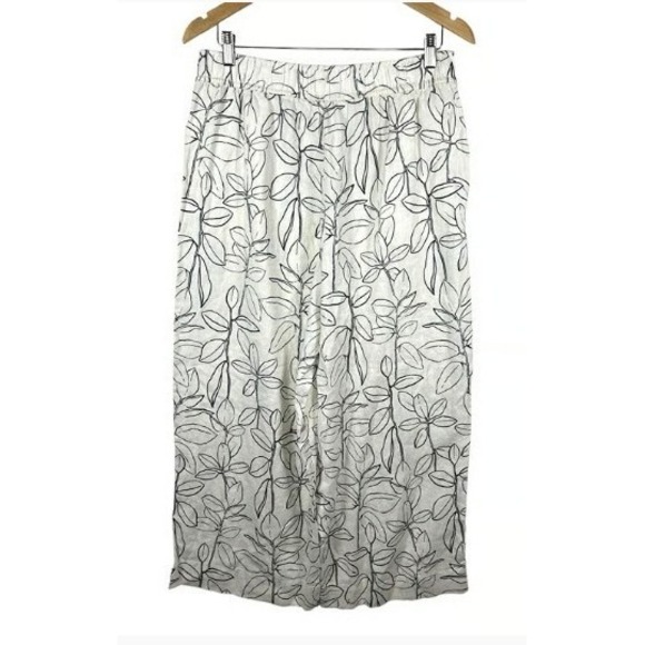 Cynthia Rowley Linen Wide Leg Crop Pants Sz L Black Leaf‎ Print Pull On 32x24 - Picture 1 of 5